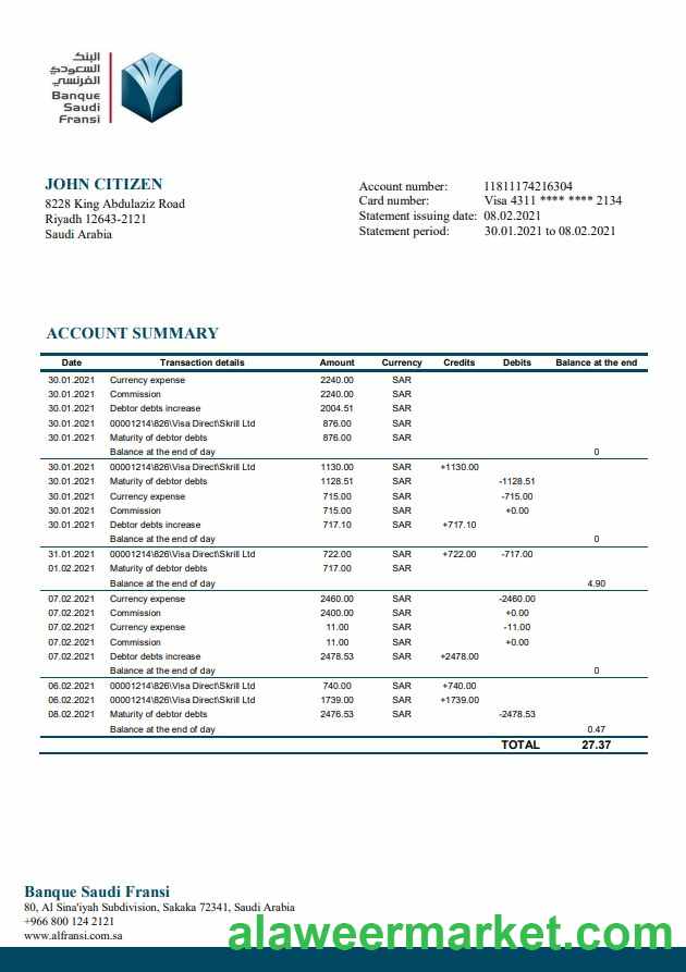 Saudi Arabia Banque Saudi Fransi bank statement template in Word and PDF format, good for address prove